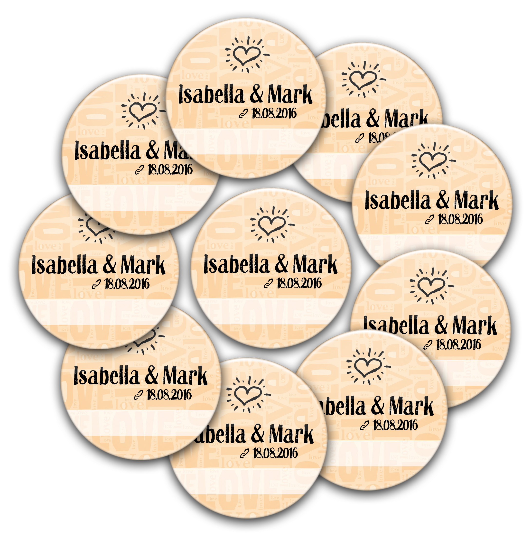 10 Buttons love n heart für die Hochzeit zum Beschriften