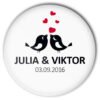Motiv #48 unserer Hochzeit-Buttons mit 2 Piepmätzen und roten Herzen. Natürlich personalisiert.