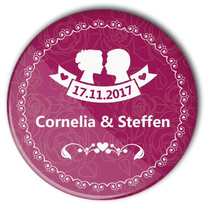 Hochzeits-Buttons Nr. 47 mit Brautpaar Silhouette, Datum und Name