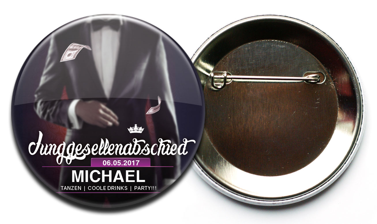 Modell 23 Junggesellenabschied Button Herren mit Nadelverschluss