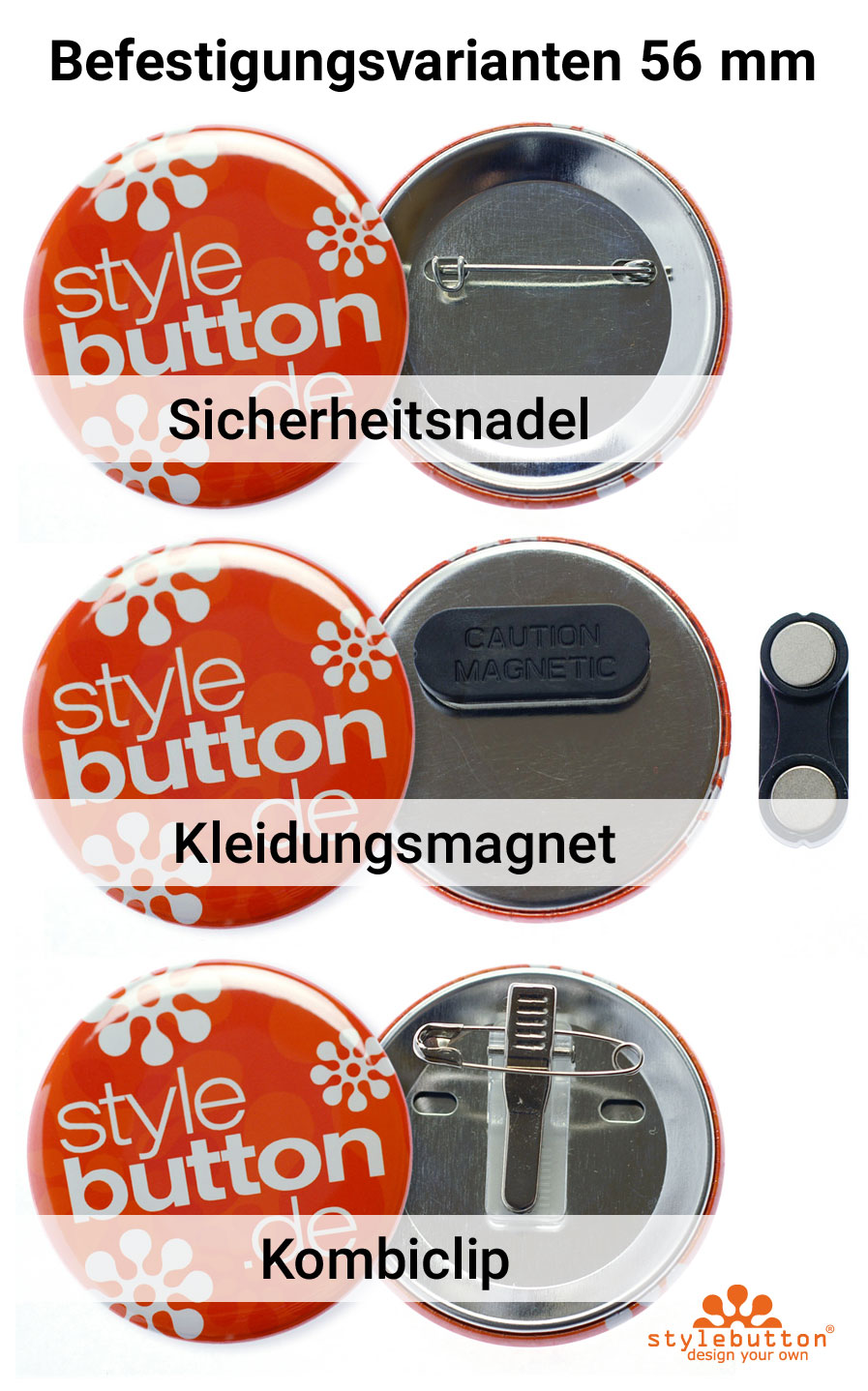 Befestigungsmöglichkeiten Hochzeitbuttons 56 mm