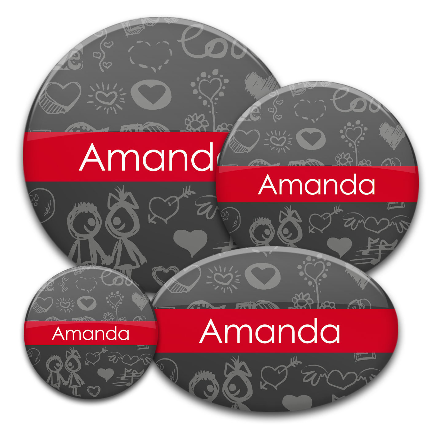 Namensbuttons Nr. 1 Love in verschiedenen Größen und Formen