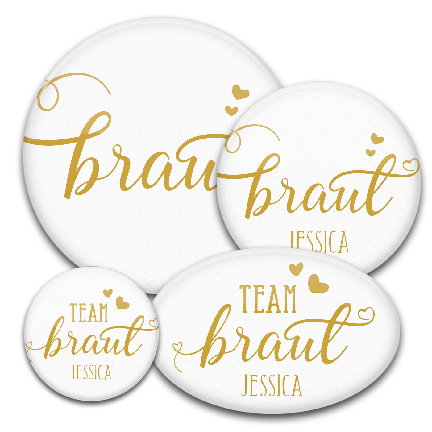 goldene Handschrift Braut oder Team Braut auf rundem oder ovalen Buttons: der Hit bei jedem Junggesellinnenabschied