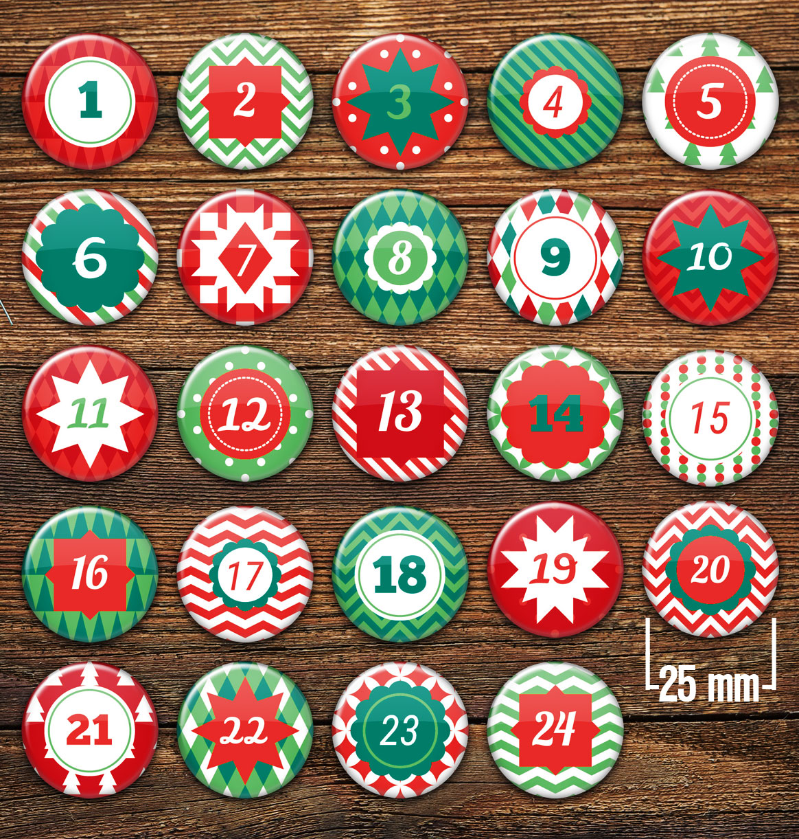 XMAS 2 Adventskalender Zahlenbuttons 24 Stück