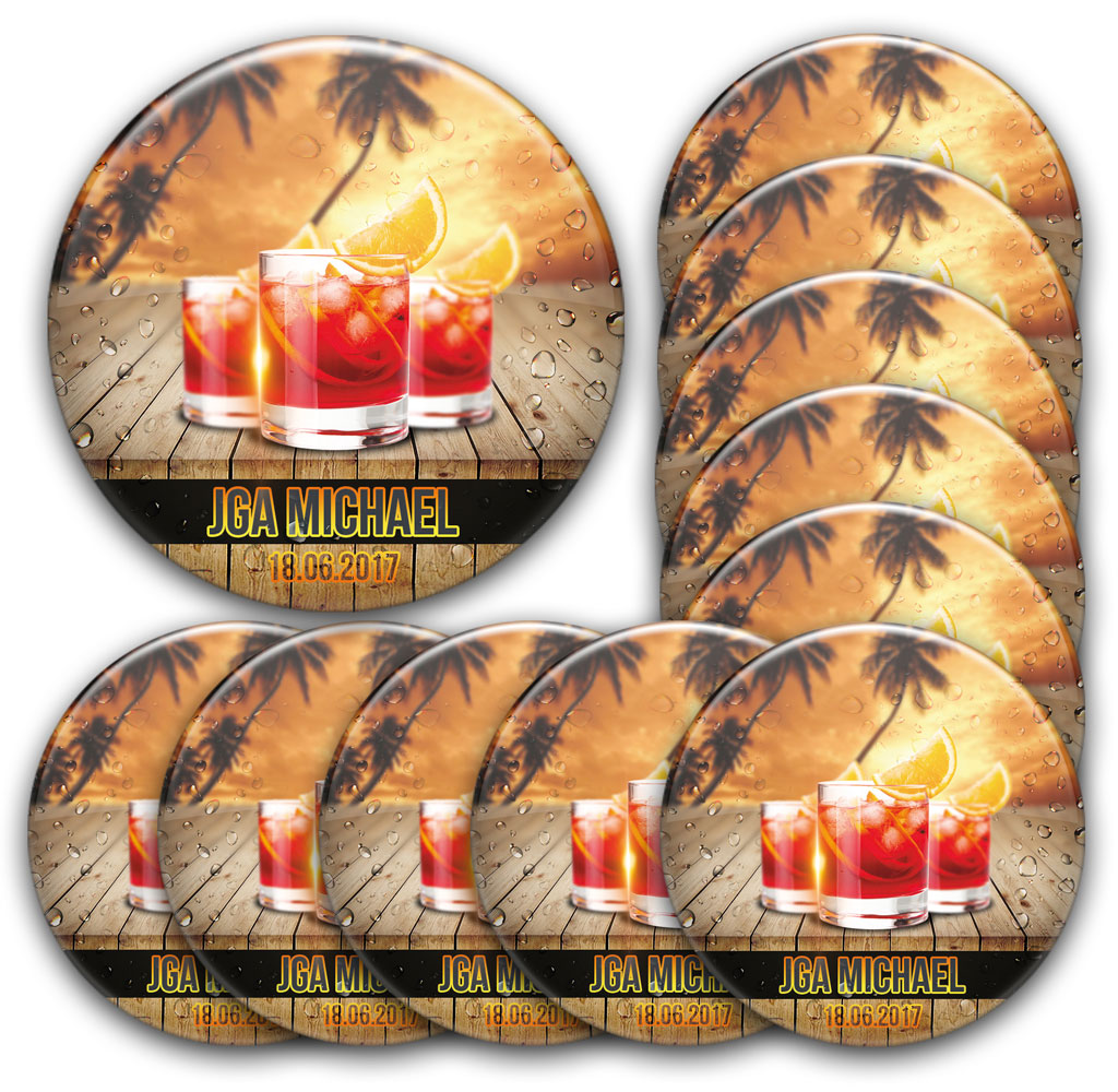 Buttons-Set Junggesellenabschied Cocktails Bar Palmen Sommer personalisiert