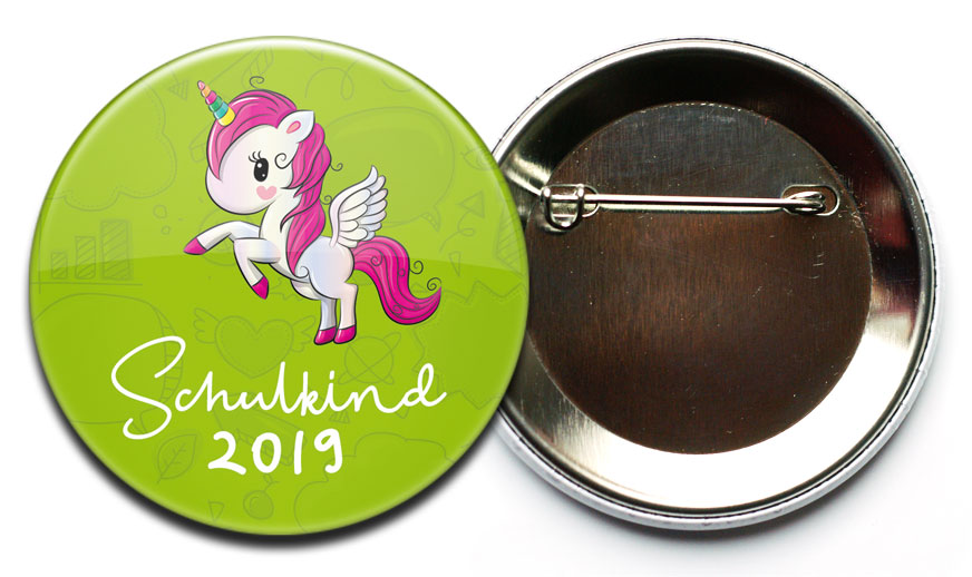 Schulkind Button Einhorn grün mit Sicherheitsnadel