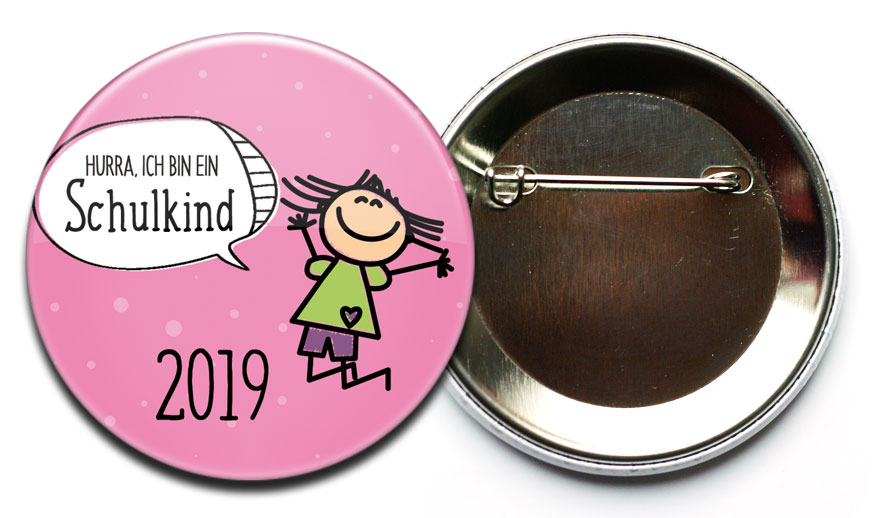 Button Hurra ich bin ein Schulkind 5 Mädchen rosa mit Sicherheitsnadel