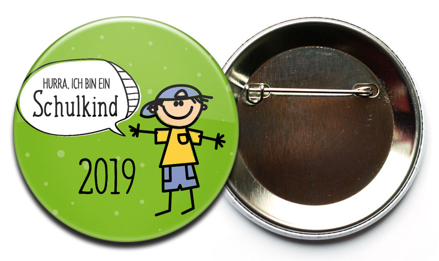 Button Hurra ich bin ein Schulkind 6 Junge grün mit Sicherheitsnadel