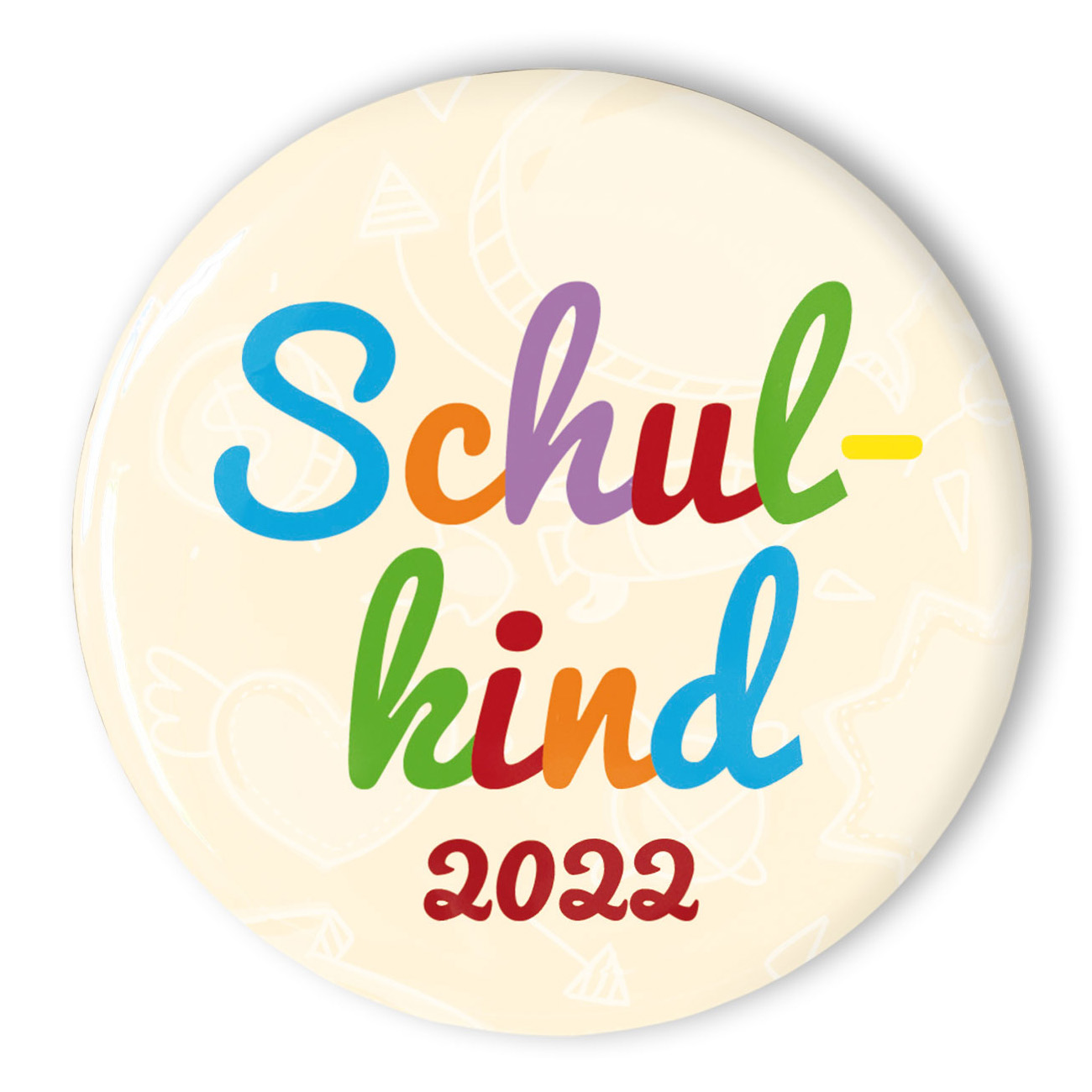 Schulkind 2022 Button zum Schulanfang bunte Buchstaben
