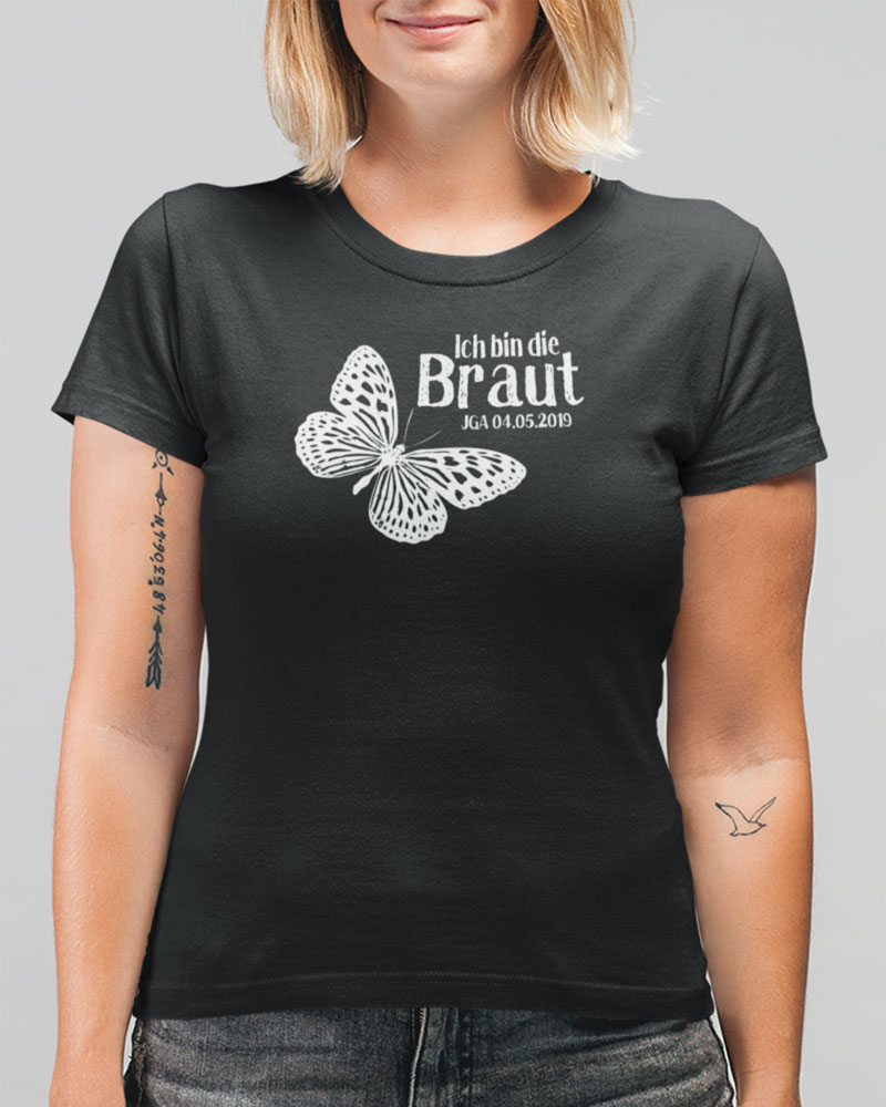 T08 Shirt Junggesellinnenabschied in schwarz mit Schmetterling, mit Datum individualisiert