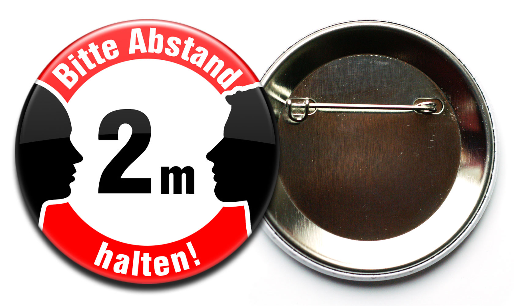 Bitte Abstand halten Button mit Sicherheitsnadel