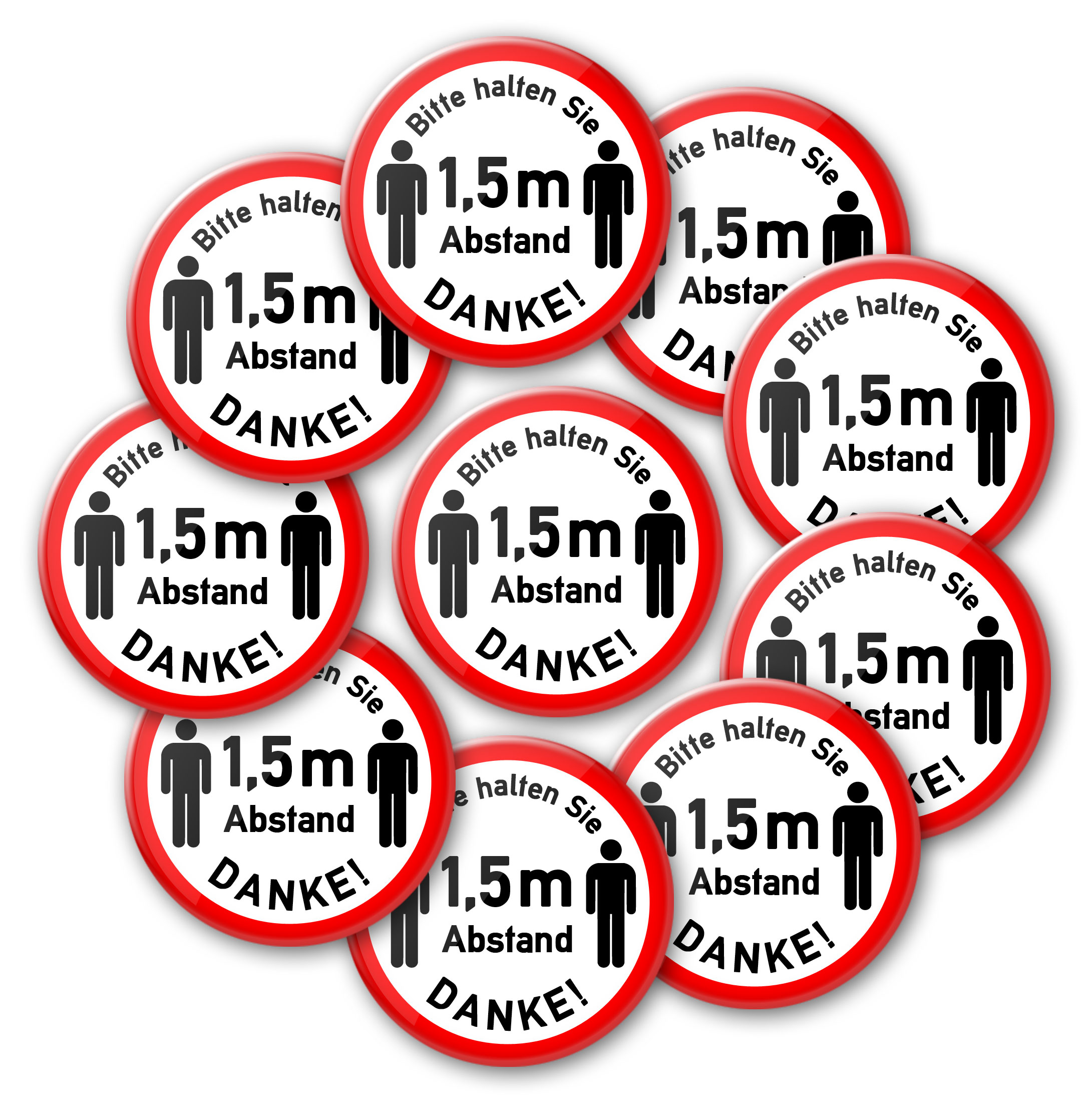 Bitte halten Sie 1,5 m Abstand-Buttons als 10er-Set