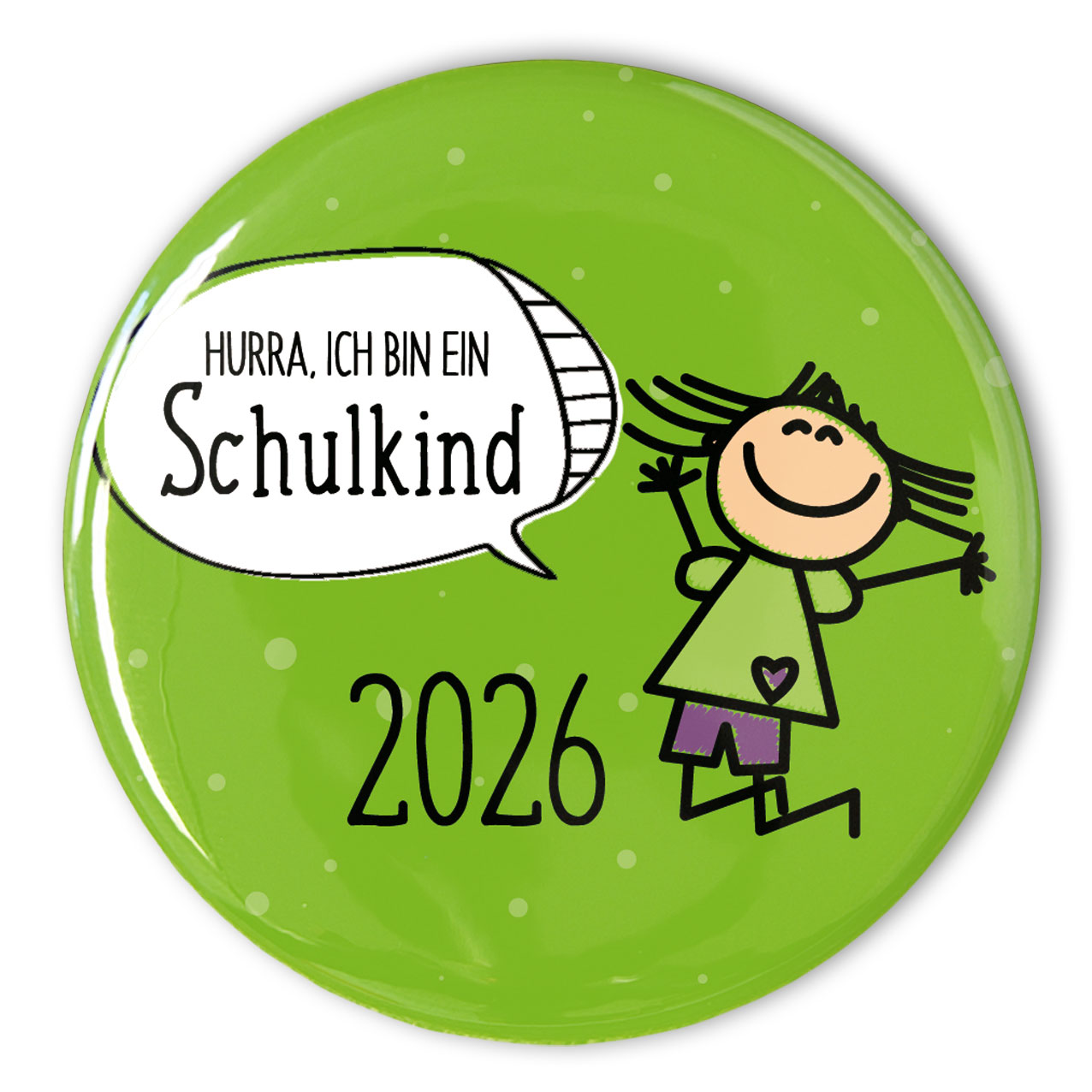 grüner Schulkind-Button 2026 mit Mädchen