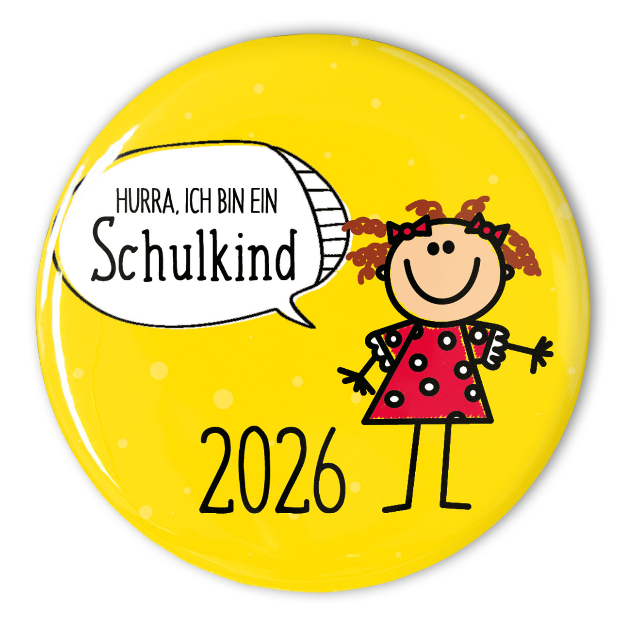 gelber Button Schulkind mit Mädchen zum Schulanfang 2026