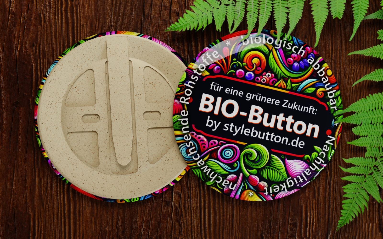 authentisch nachhaltig: Bio-Buttons mit Clip sind zu 100% biologisch abbaubar und zerfallen zu Kompost