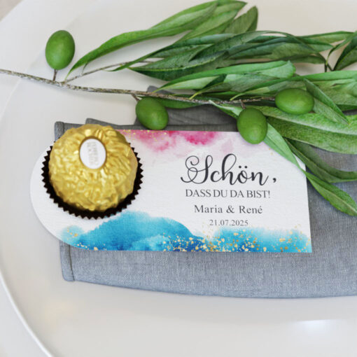 Pralinenkarte PK08-BP als Dekoration auf Hochzeittafel