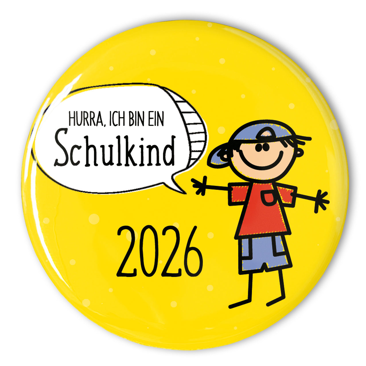 gelber Button für den Schulanfang mit einem Jungen und Sprechblase Hurra, ich bin ein Schulkind