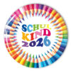 Bunter Schulkind-Button mit Regenbogen-Schriftzug und Stiftmotiv