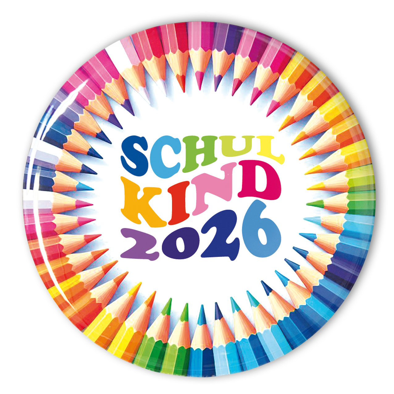 Bunter Schulkind-Button mit Regenbogen-Schriftzug und Stiftmotiv