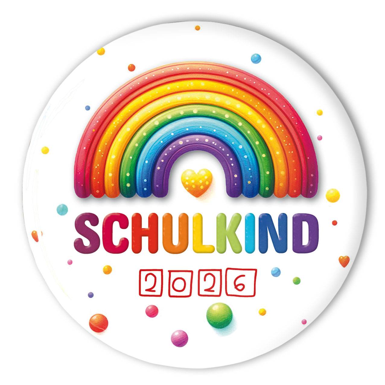 Schulkind-Button mit Regenbogen und Aufdruck "Schulkind" für den Schulanfang